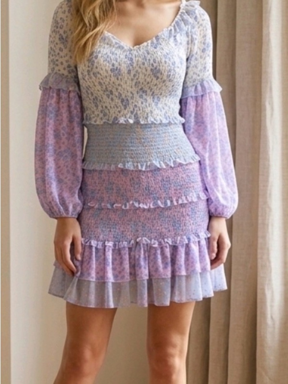 Patchwork Floral smocked Ruffled Mini Dress